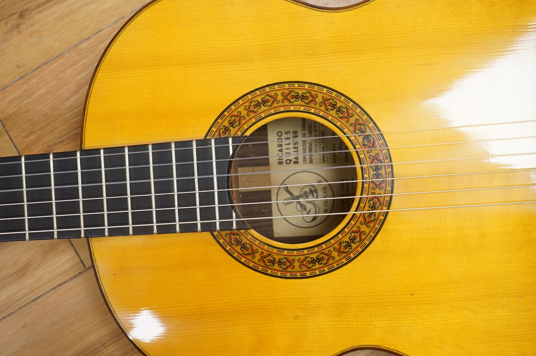 A Ricardo Quiles classical guitar, a Ramirez copy, with spruce top, Indian rosewood back and sides and ebony fingerboard.